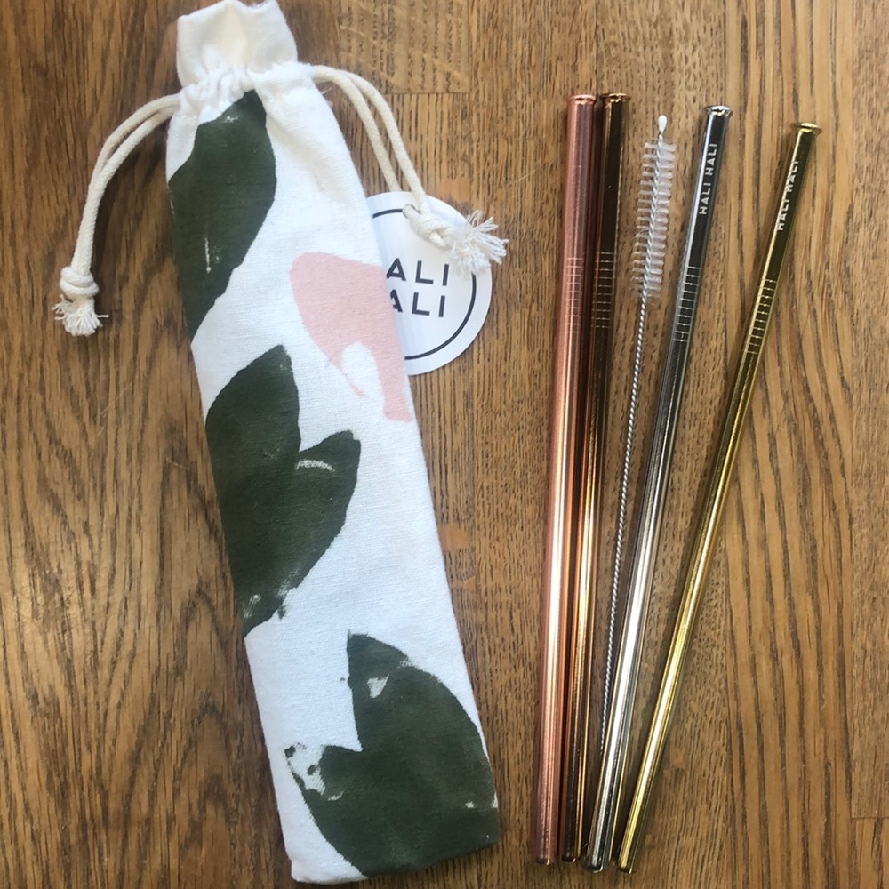 Set of 4 reusable metal straws with canvas pouch